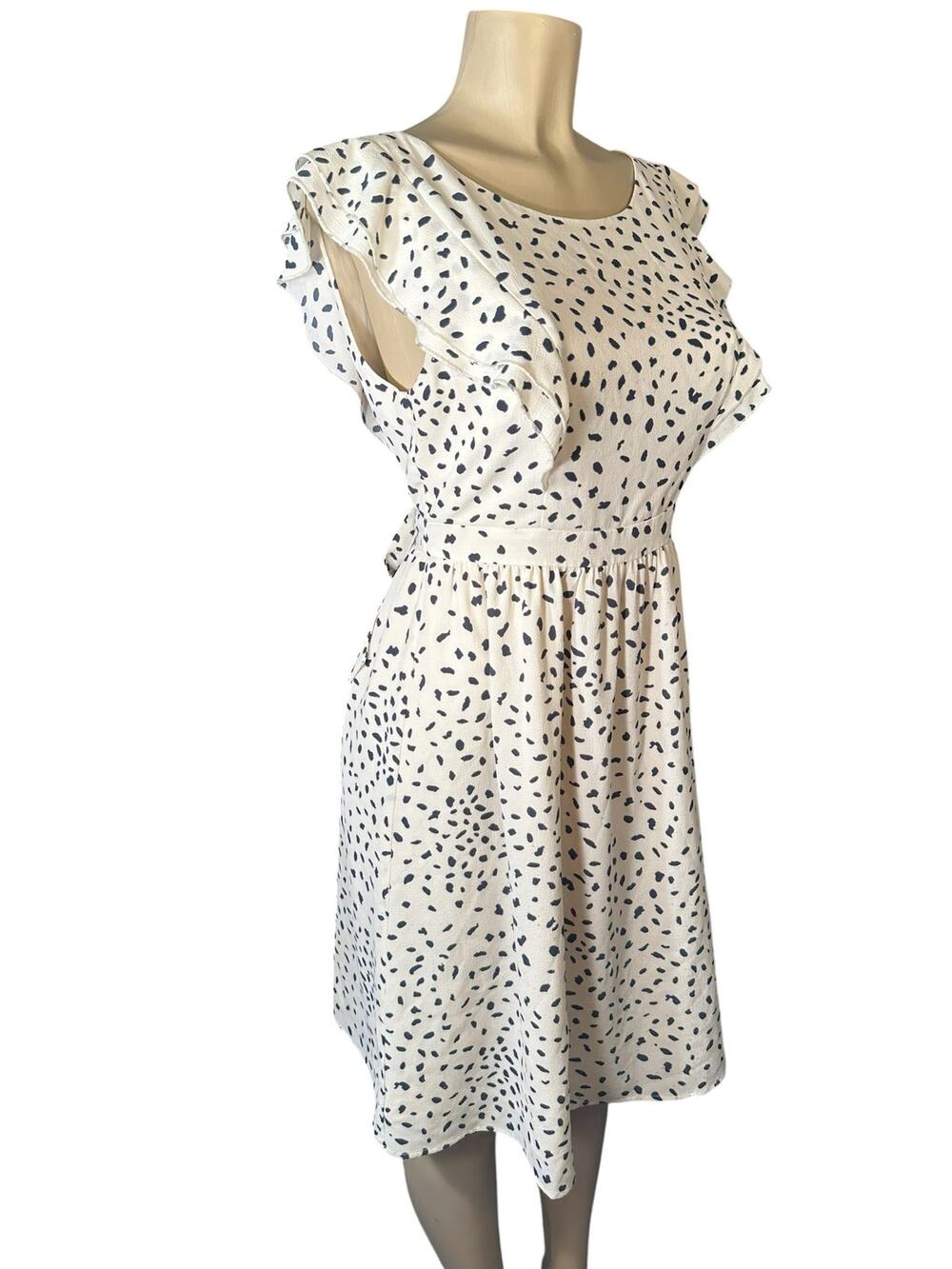 Women M ModCloth Fervour Joy Blissful Cream Black Spots Dots Ruffle Dress